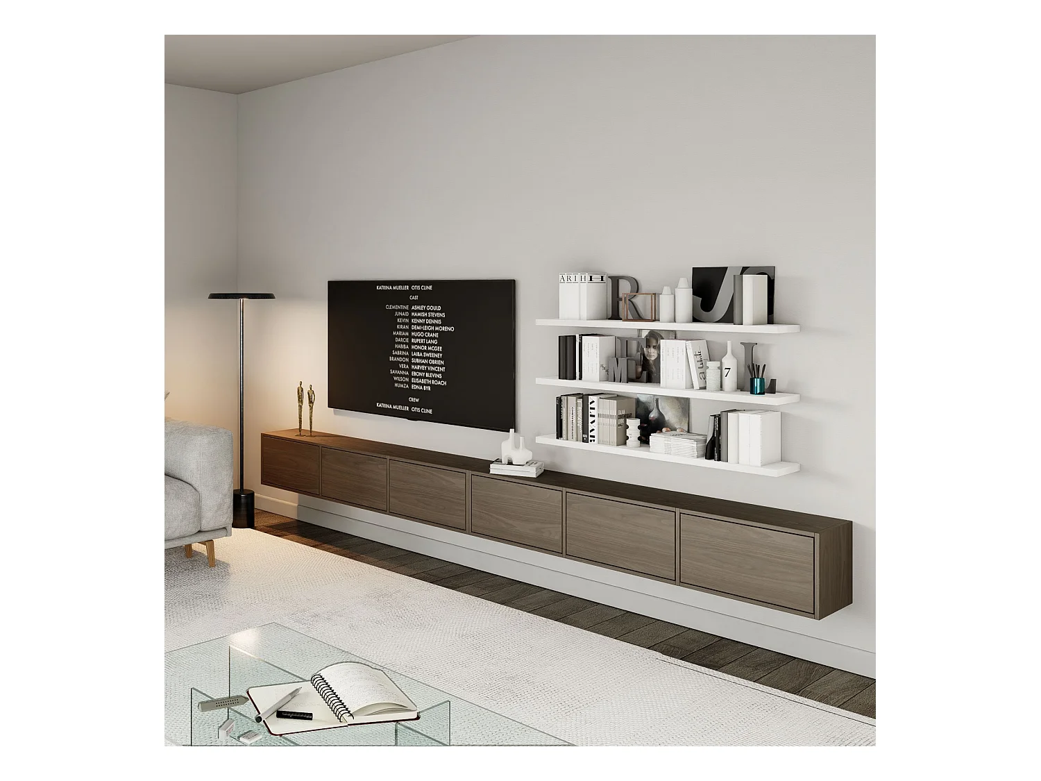 Hangend tv-meubel met 6 kleppen – 300 cm – houtlook walnoot Wisconsin – FRAMME