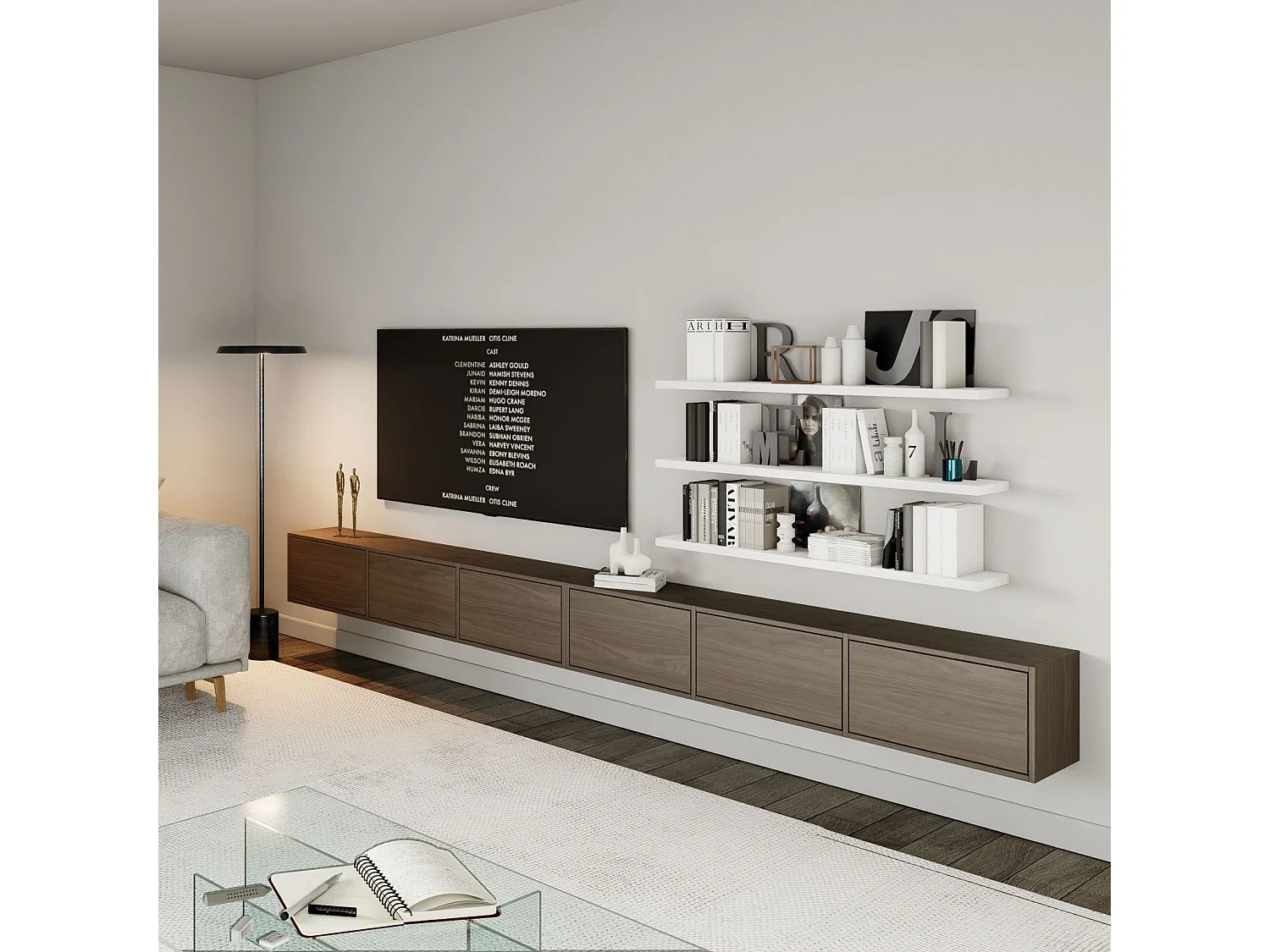 Meuble TV mural à 6 abattants – aspect bois noyer Wisconsin – 300 cm – FRAMME