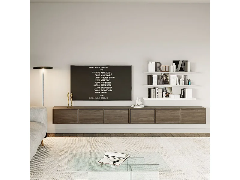 Meuble TV mural à 6 abattants – aspect bois noyer Wisconsin – 300 cm – FRAMME