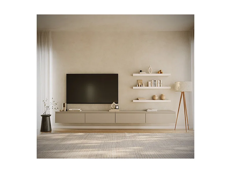 Meuble TV mural à 4 abattants – gris cachemire – 300 cm – BEMMI