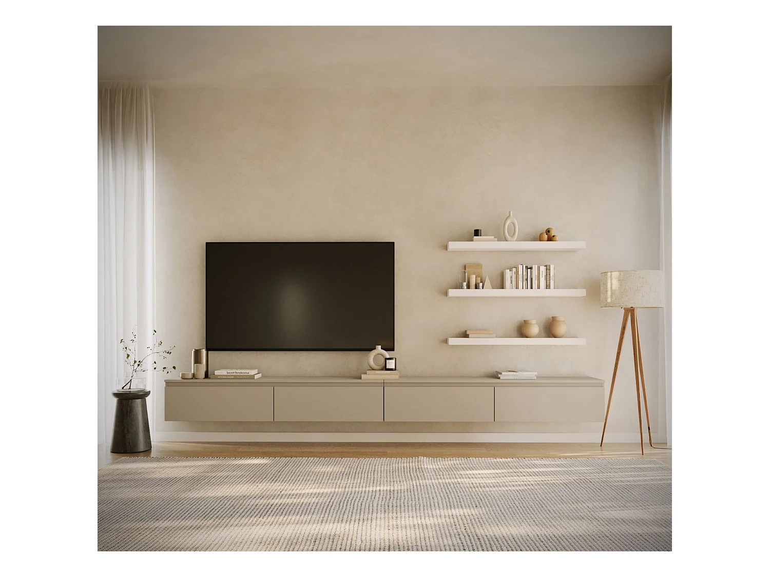 Meuble TV mural à 4 abattants – gris cachemire – 300 cm – BEMMI