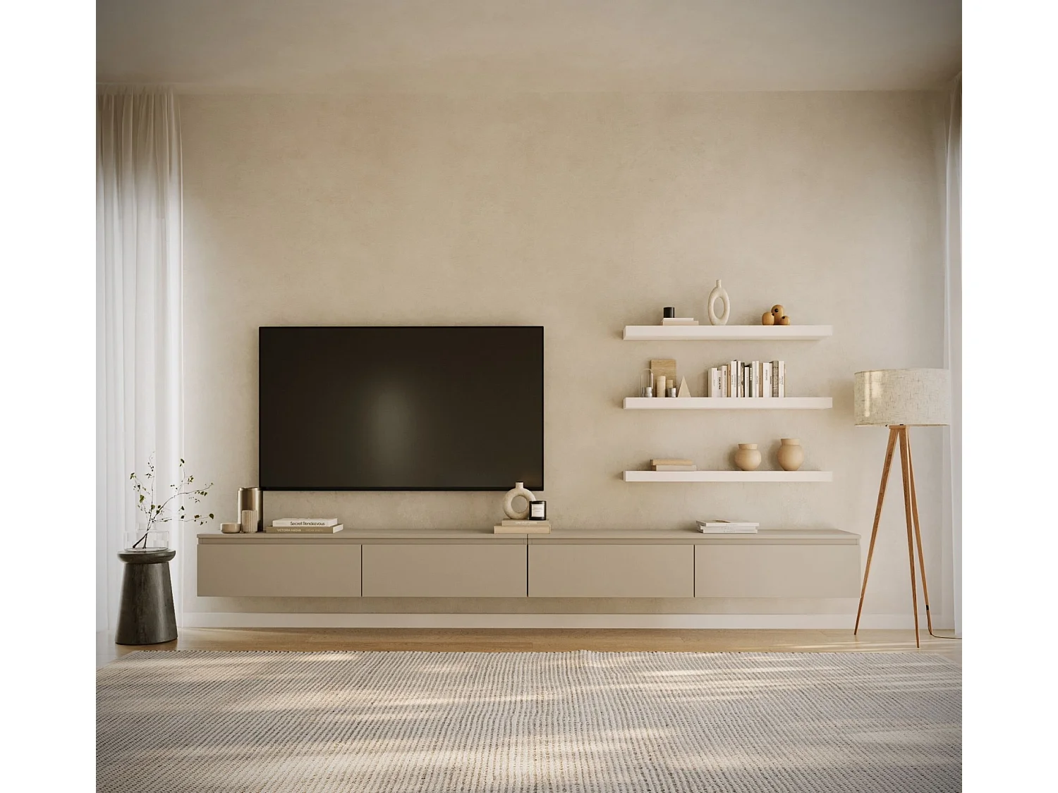 Meuble TV mural à 4 abattants – gris cachemire – 300 cm – BEMMI