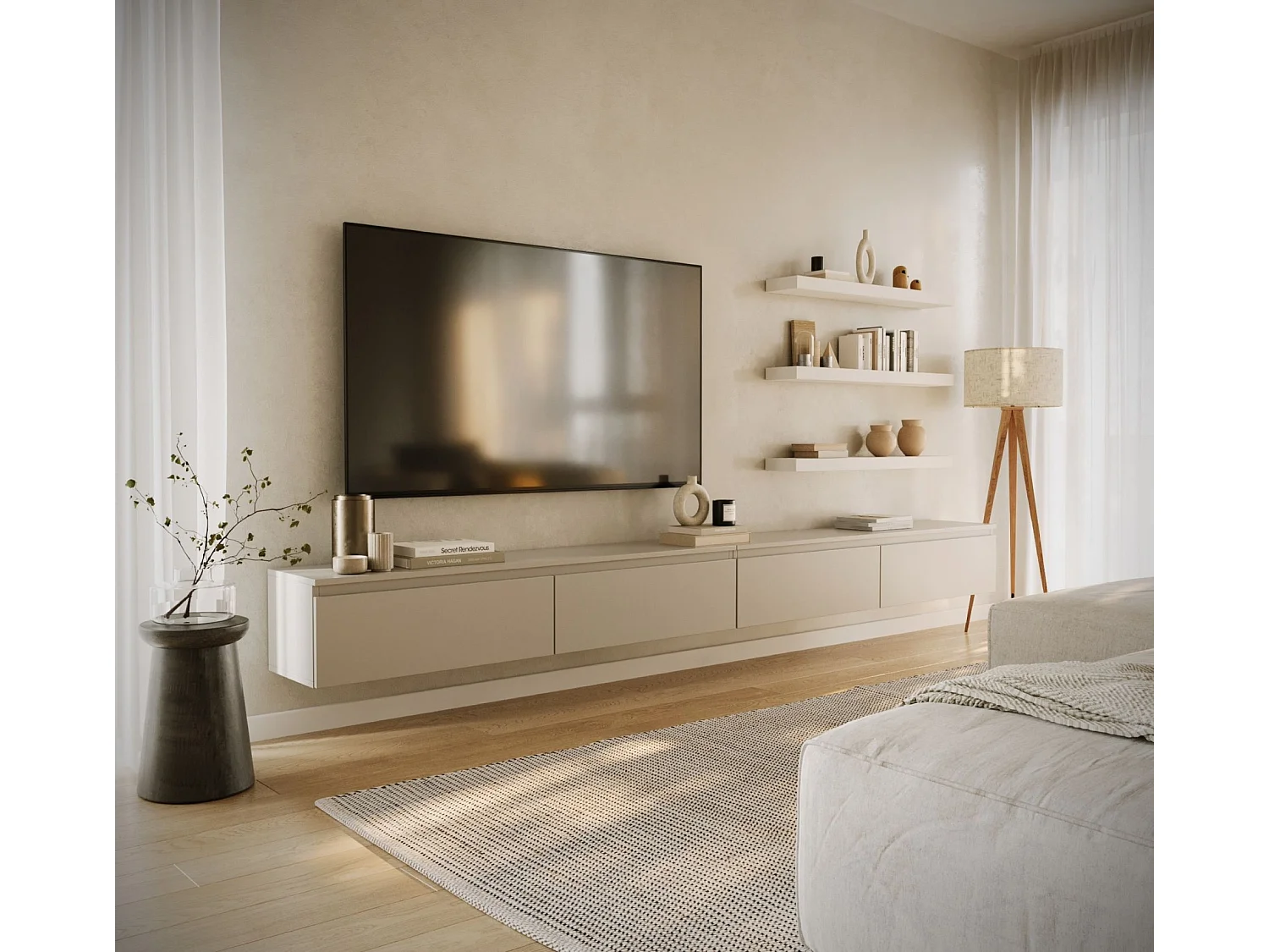 Meuble TV mural à 4 abattants – gris cachemire – 300 cm – BEMMI