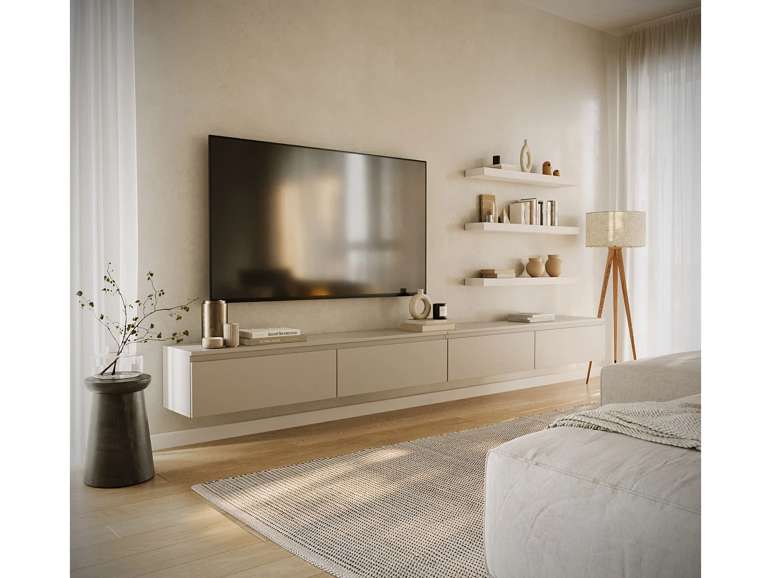 Hangend tv-meubel met 4 kleppen – 300 cm – kasjmiergrijs – BEMMI