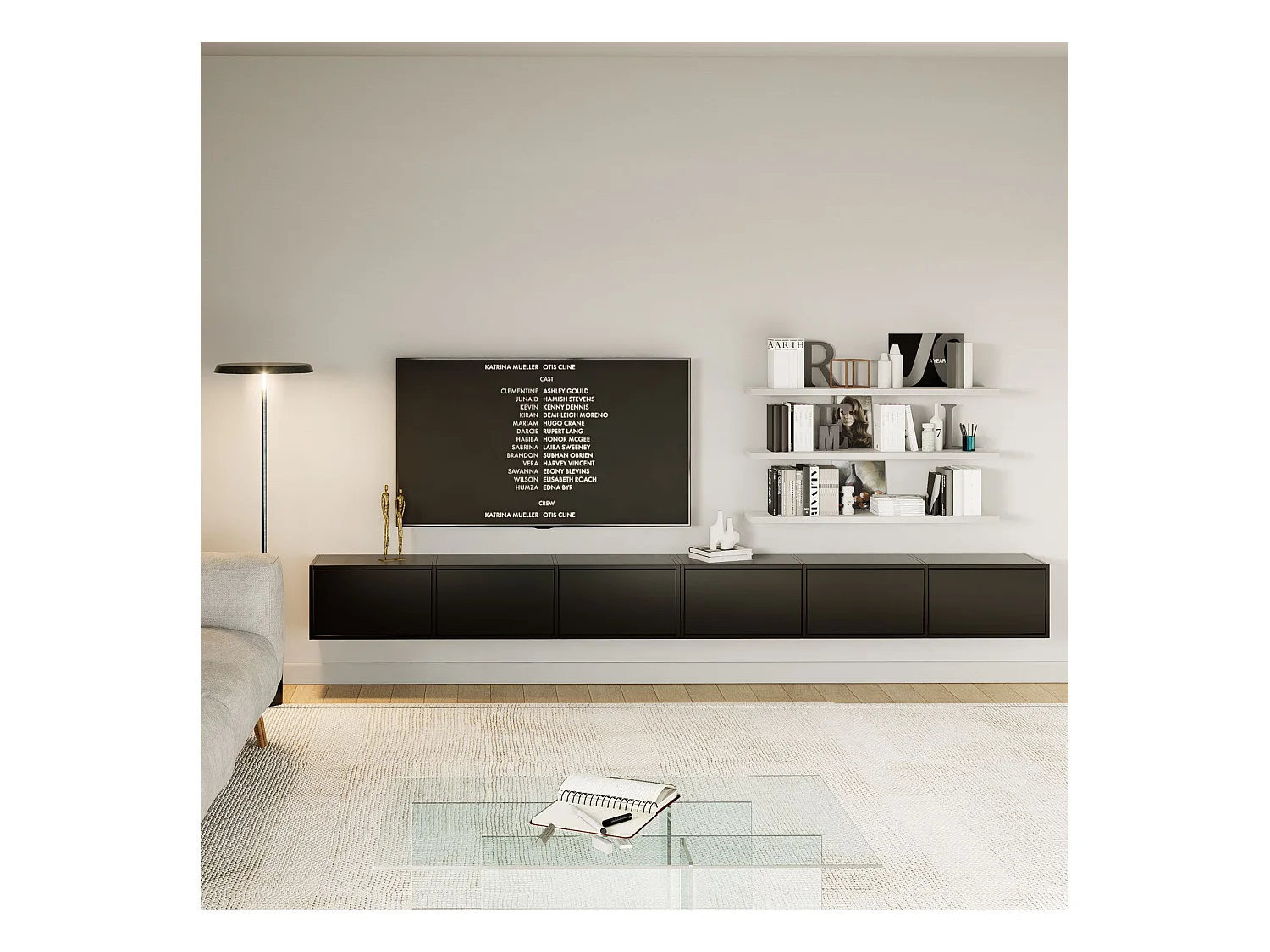 Hangend tv-meubel met 6 kleppen – 300 cm – zwart – FRAMME