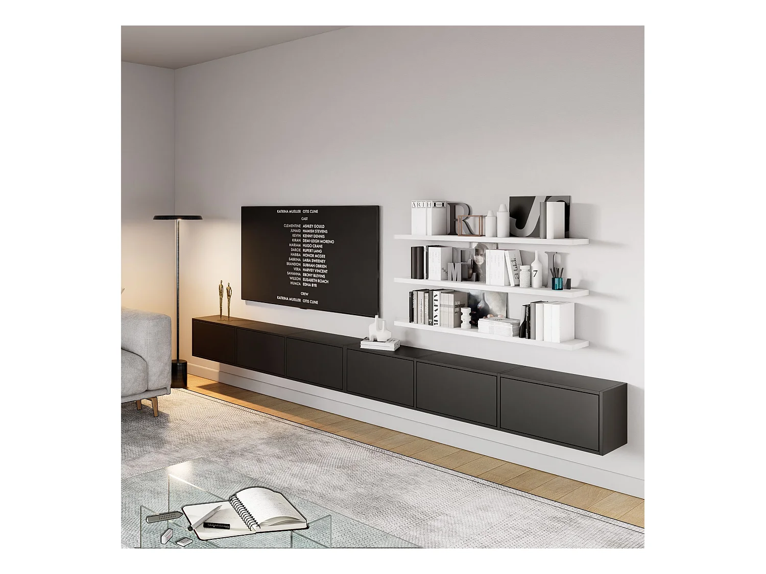 Hangend tv-meubel met 6 kleppen – 300 cm – zwart – FRAMME