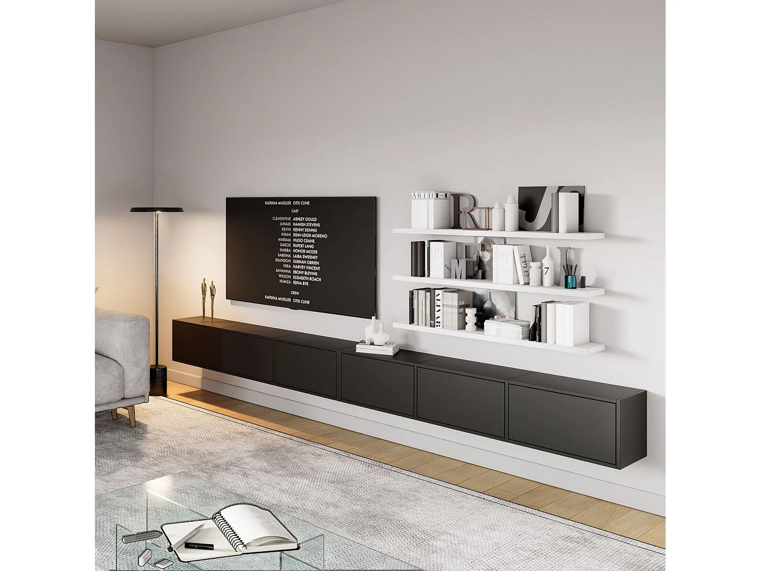 Meuble TV mural à 6 abattants – noir – 300 cm – FRAMME