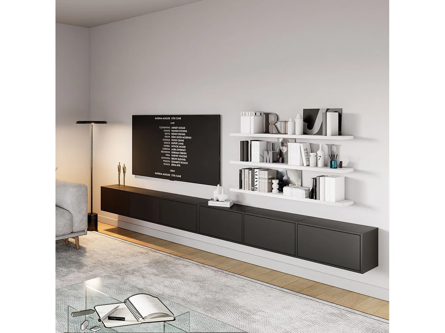Meuble TV mural à 6 abattants – noir – 300 cm – FRAMME