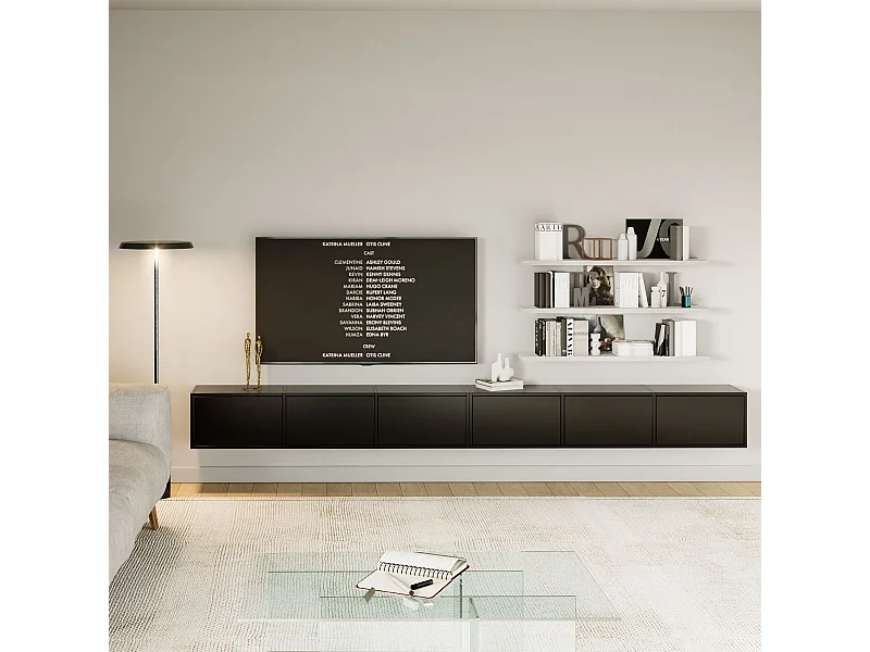 Meuble TV mural à 6 abattants – noir – 300 cm – FRAMME