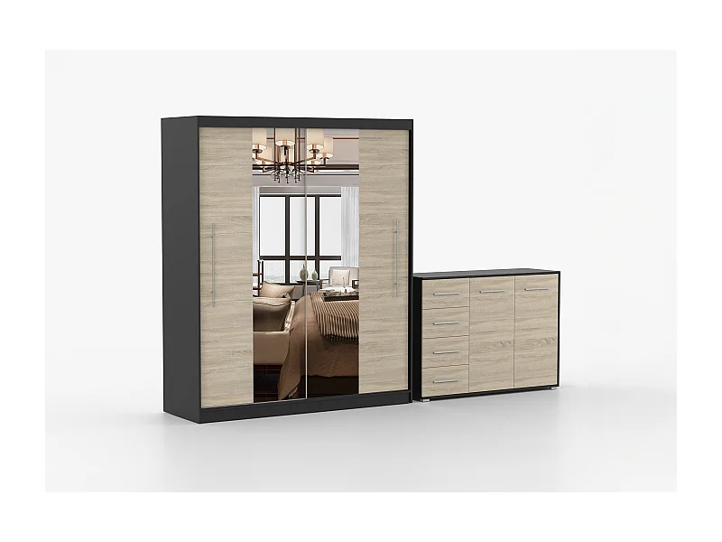 Ensemble armoire Eireen et commode Ilario avec miroir - Noir - Chêne