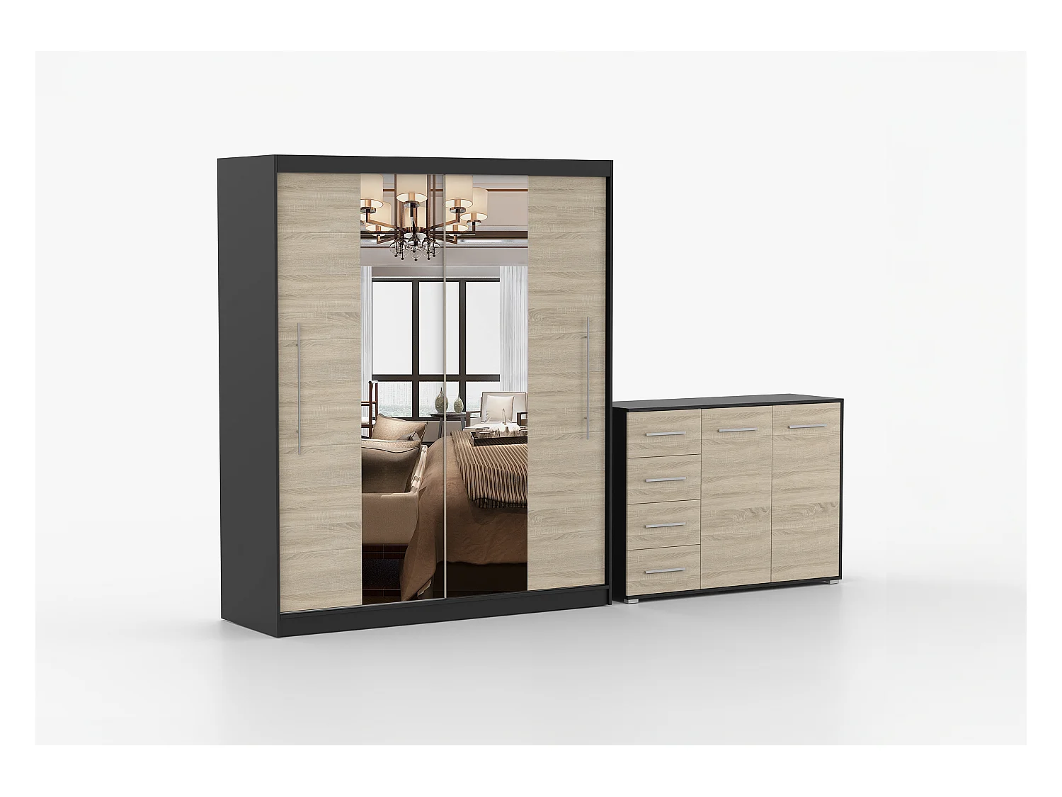 Ensemble armoire Eireen et commode Ilario avec miroir - Noir - Chêne