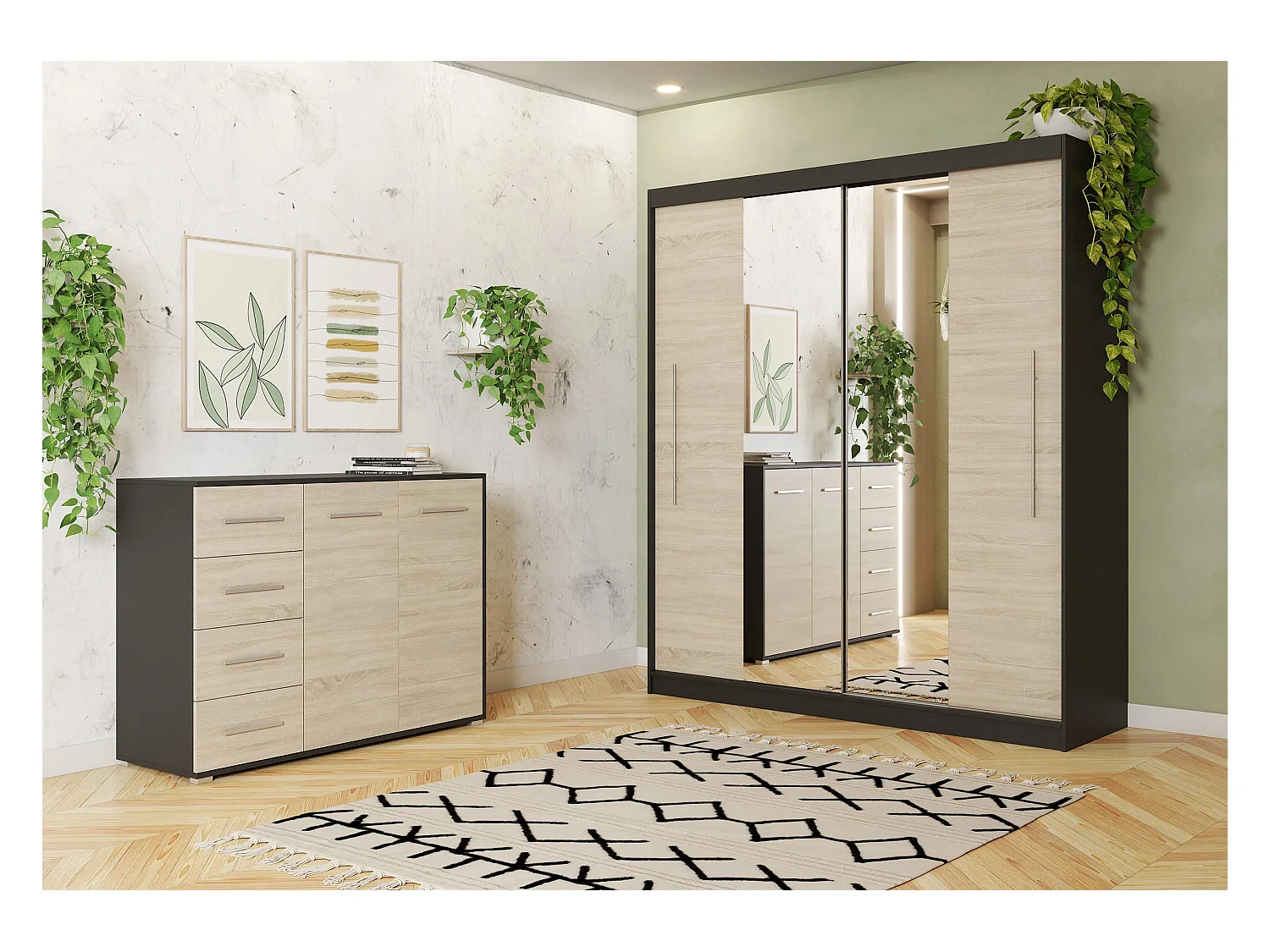 Ensemble armoire Eireen et commode Ilario avec miroir - Noir - Chêne