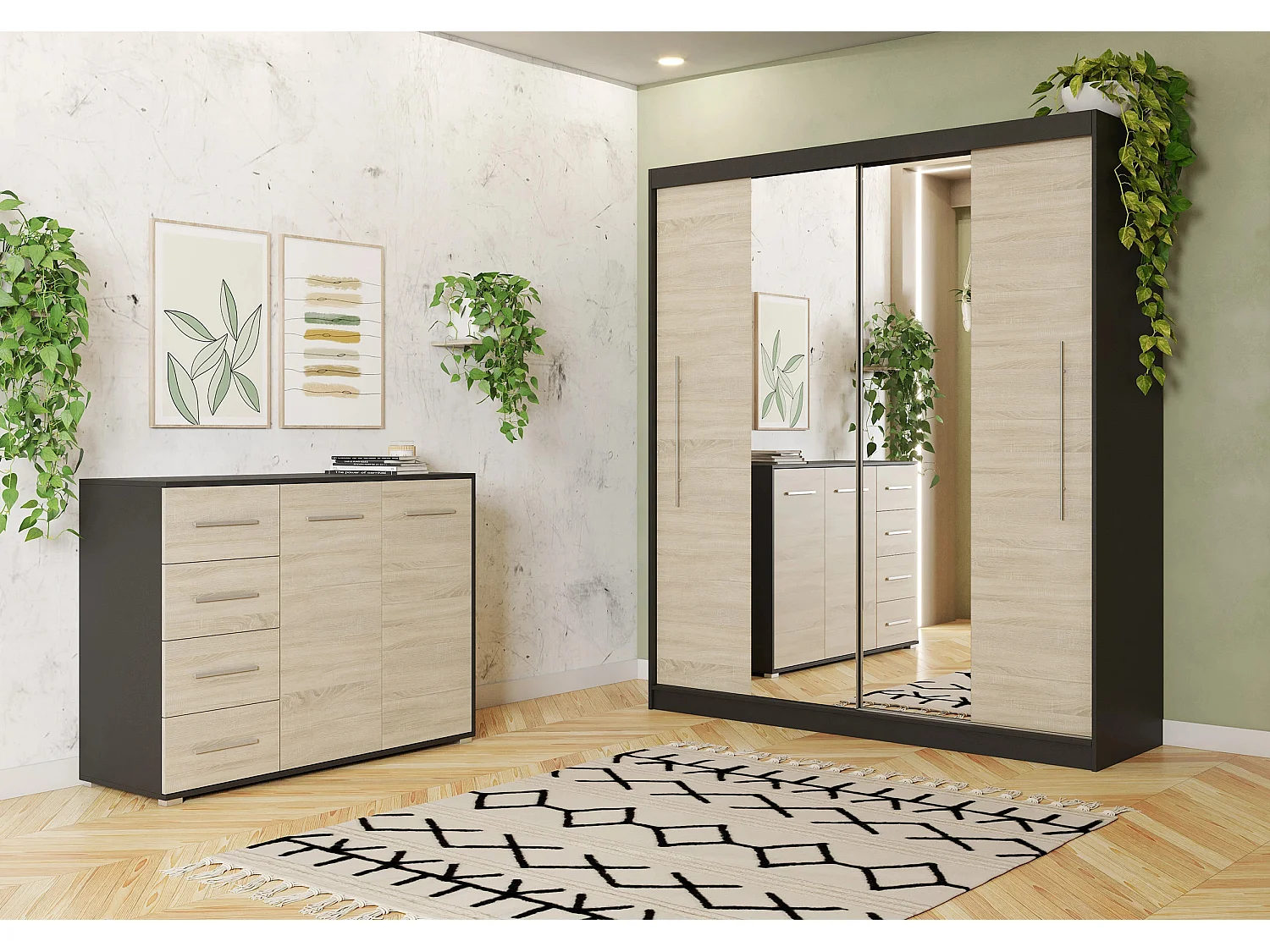 Ensemble armoire Eireen et commode Ilario avec miroir - Noir - Chêne