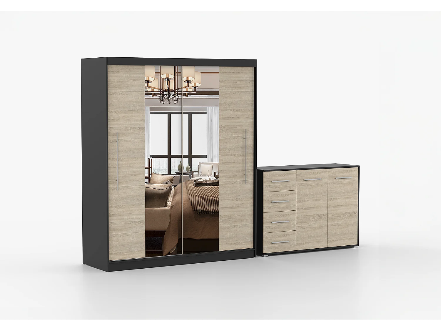 Ensemble armoire Eireen et commode Ilario avec miroir - Noir - Chêne