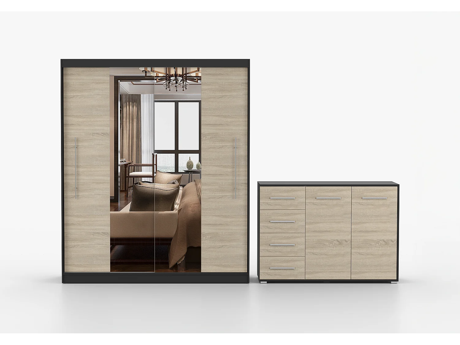 Ensemble armoire Eireen et commode Ilario avec miroir - Noir - Chêne