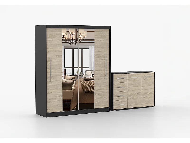 Ensemble armoire Eireen et commode Ilario avec miroir - Noir - Chêne