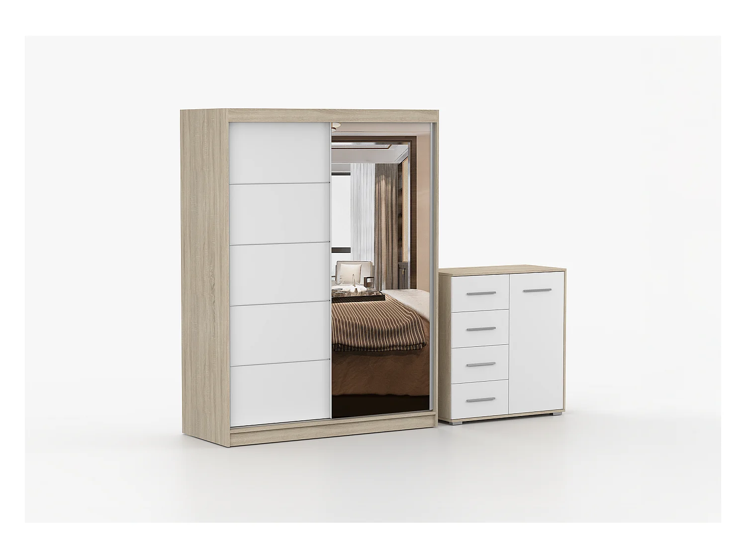 Ensemble armoire Vaiana et commode Ilario Chêne - Blanc avec miroir - Chêne - Blanc