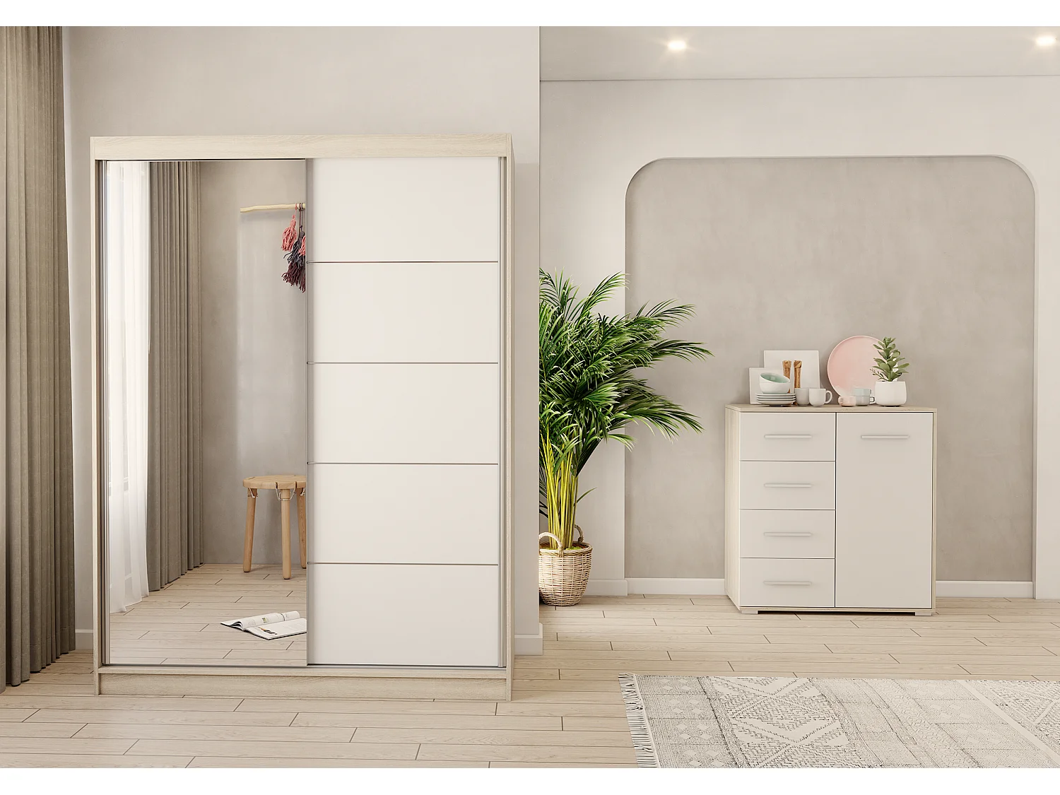 Ensemble armoire Vaiana et commode Ilario Chêne - Blanc avec miroir - Chêne - Blanc