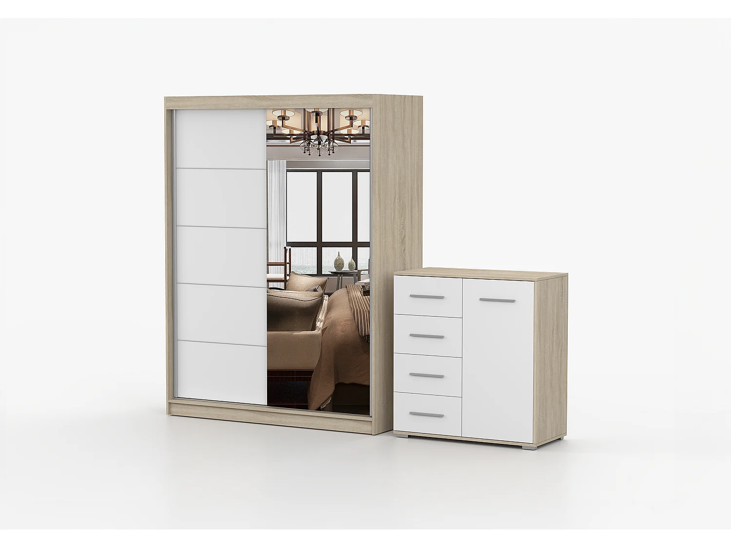 Ensemble armoire Vaiana et commode Ilario Chêne - Blanc avec miroir - Chêne - Blanc