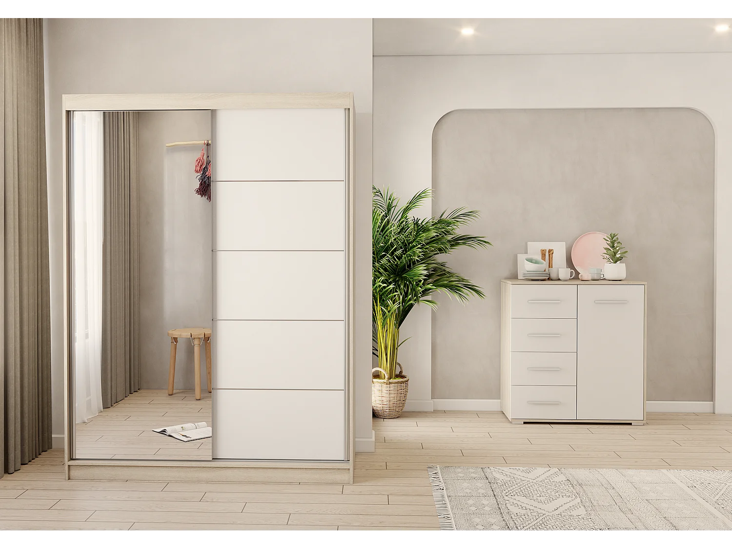 Ensemble armoire Vaiana et commode Ilario Chêne - Blanc avec miroir - Chêne - Blanc