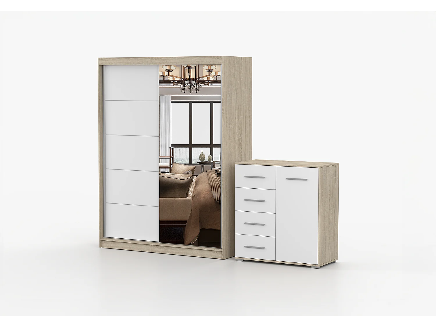 Ensemble armoire Vaiana et commode Ilario Chêne - Blanc avec miroir - Chêne - Blanc