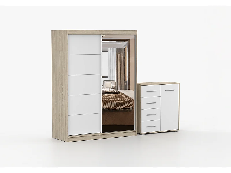 Ensemble armoire Vaiana et commode Ilario Chêne - Blanc avec miroir - Chêne - Blanc
