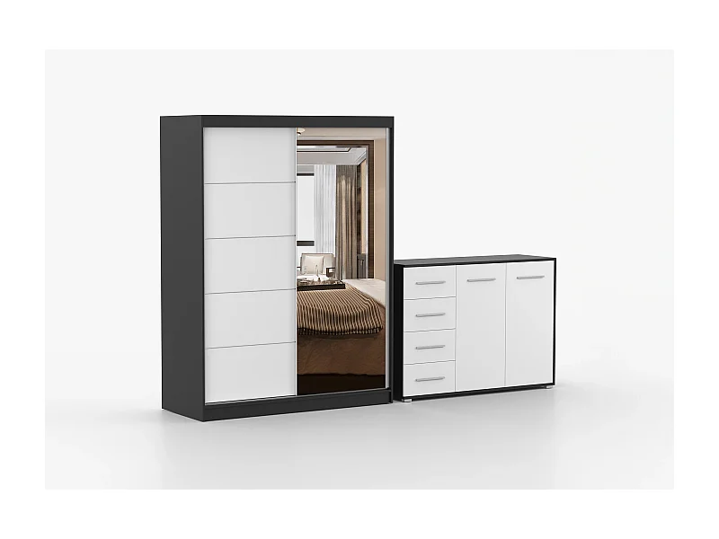 Ensemble armoire Vaiana et commode Ilario avec miroir - Noir - Blanc
