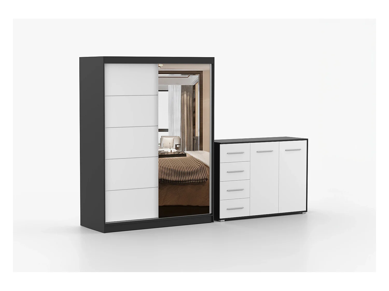 Ensemble armoire Vaiana et commode Ilario avec miroir - Noir - Blanc