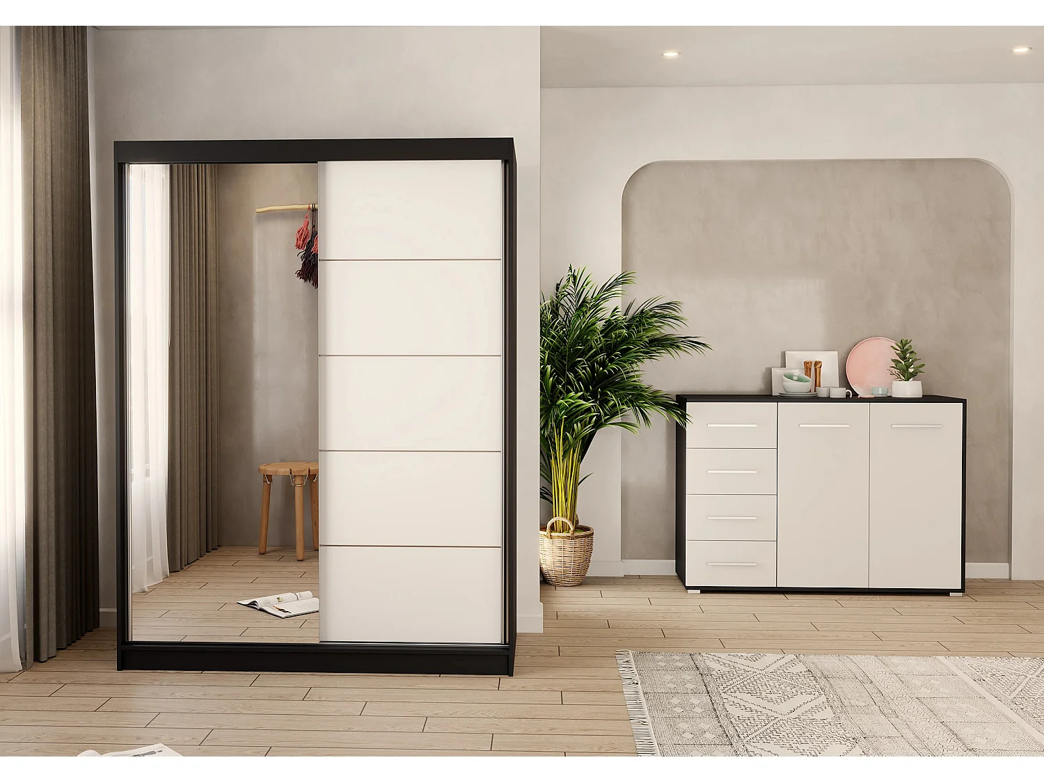 Ensemble armoire Vaiana et commode Ilario avec miroir - Noir - Blanc