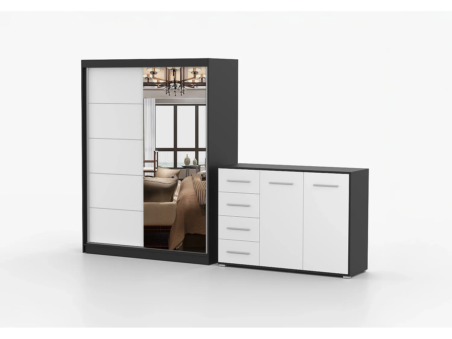 Ensemble armoire Vaiana et commode Ilario avec miroir - Noir - Blanc