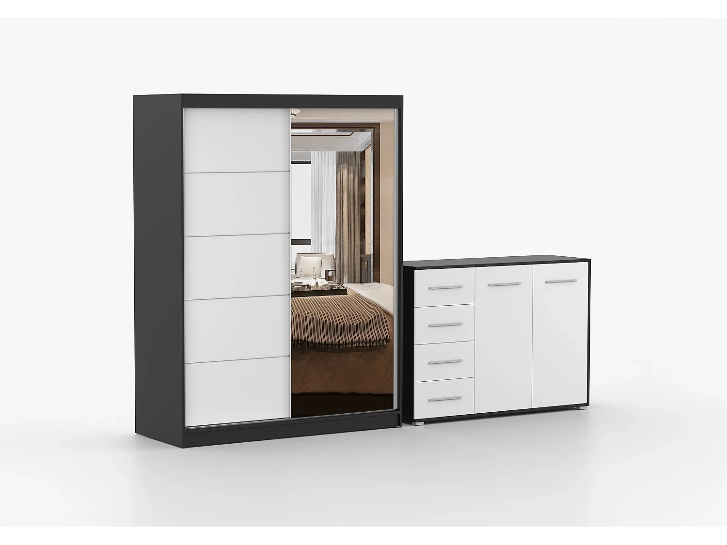 Ensemble armoire Vaiana et commode Ilario avec miroir - Noir - Blanc