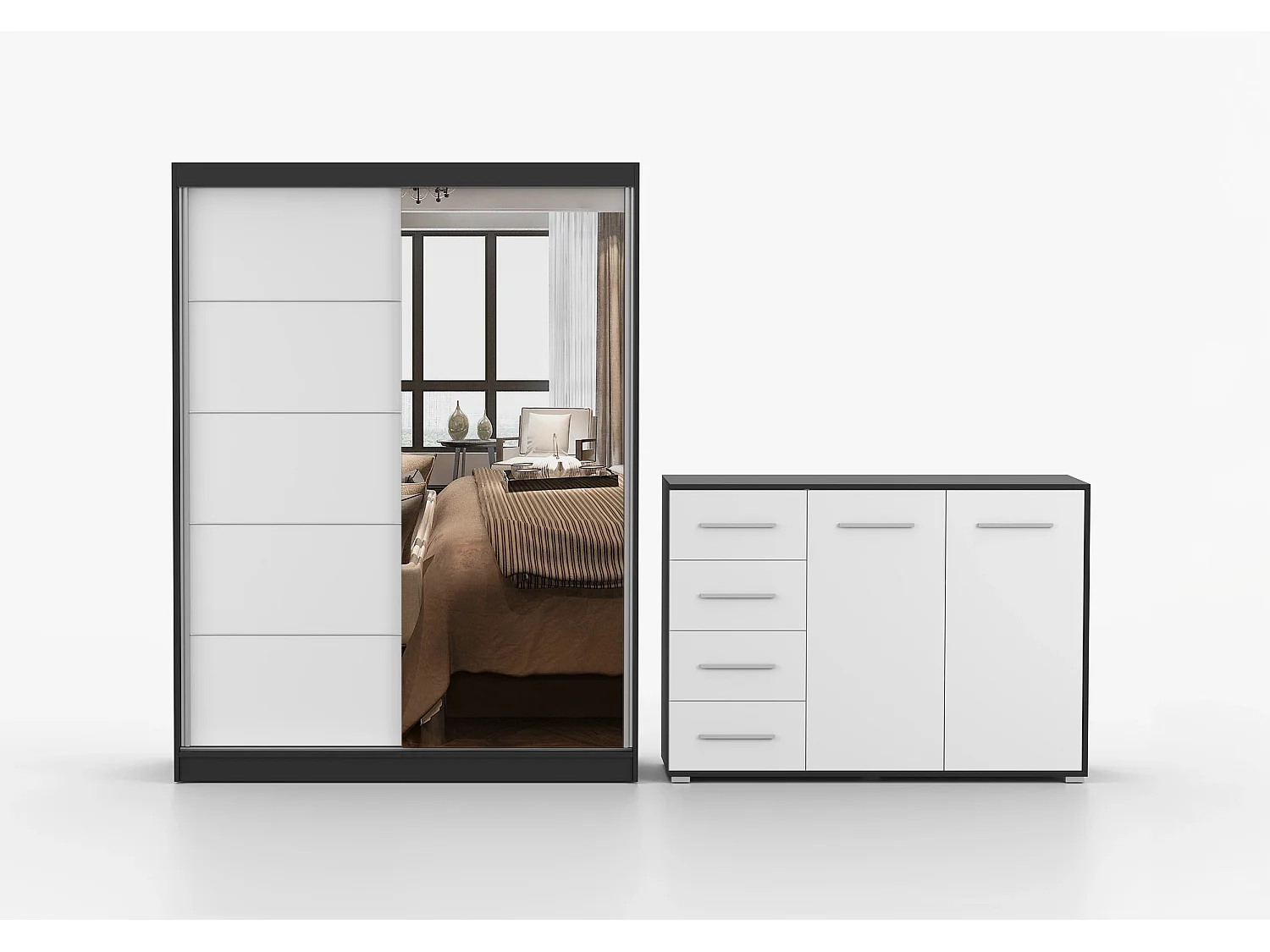 Ensemble armoire Vaiana et commode Ilario avec miroir - Noir - Blanc