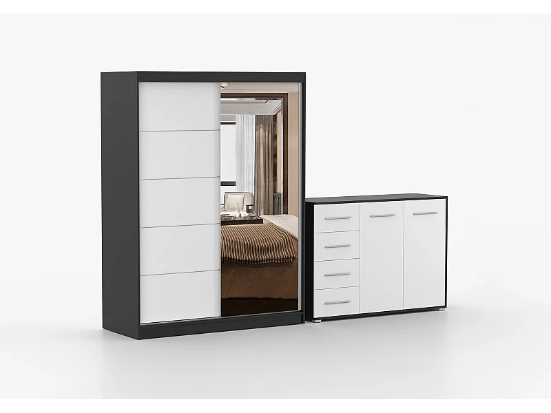 Ensemble armoire Vaiana et commode Ilario avec miroir - Noir - Blanc
