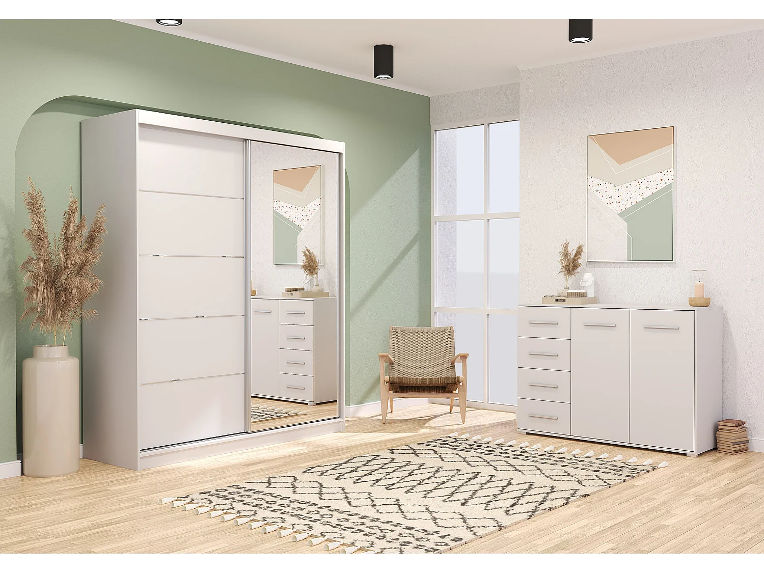 Ensemble armoire Ysalis et commode Ilario avec miroir - Blanc