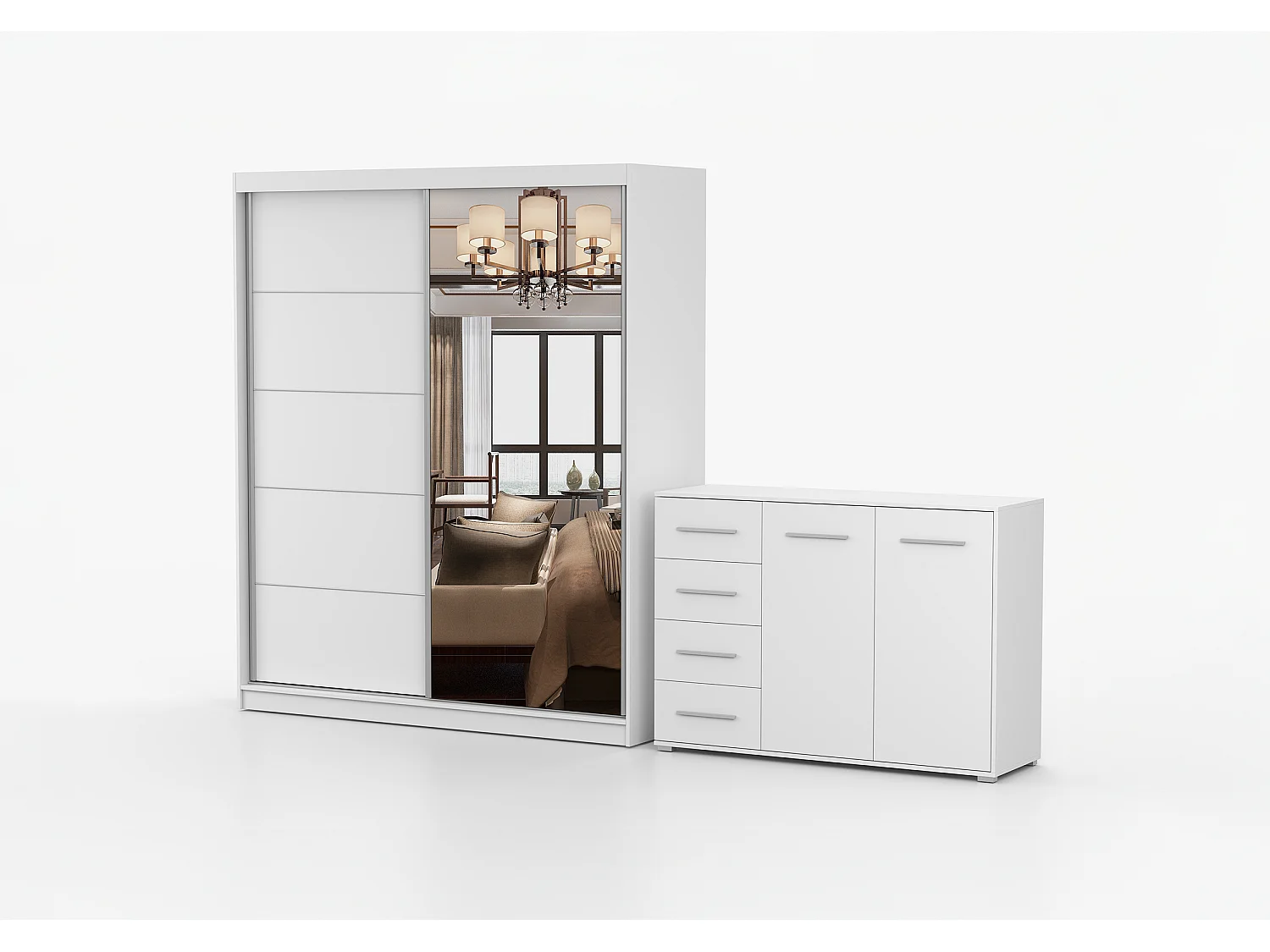 Ensemble armoire Ysalis et commode Ilario avec miroir - Blanc