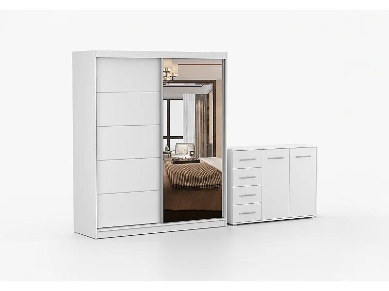 Ensemble armoire Ysalis et commode Ilario avec miroir - Blanc