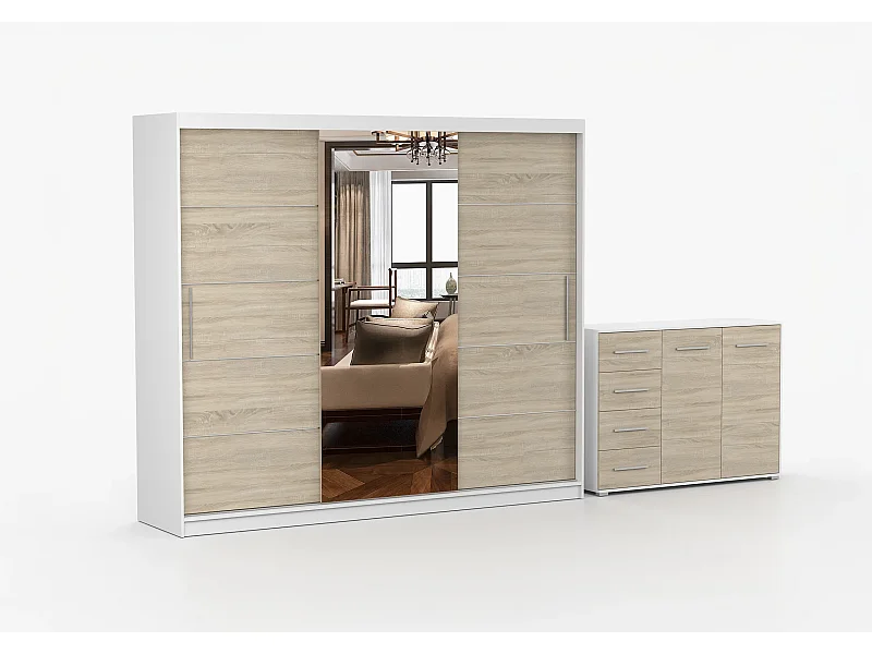 Ensemble armoire Theana et commode Ilario avec miroir - Blanc - Chêne