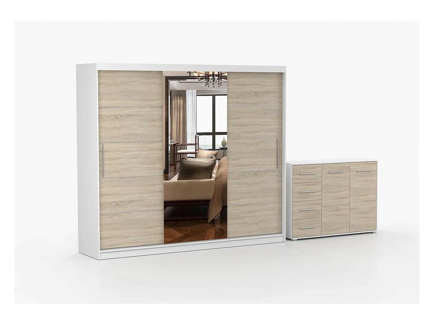 Ensemble armoire Theana et commode Ilario avec miroir - Blanc - Chêne