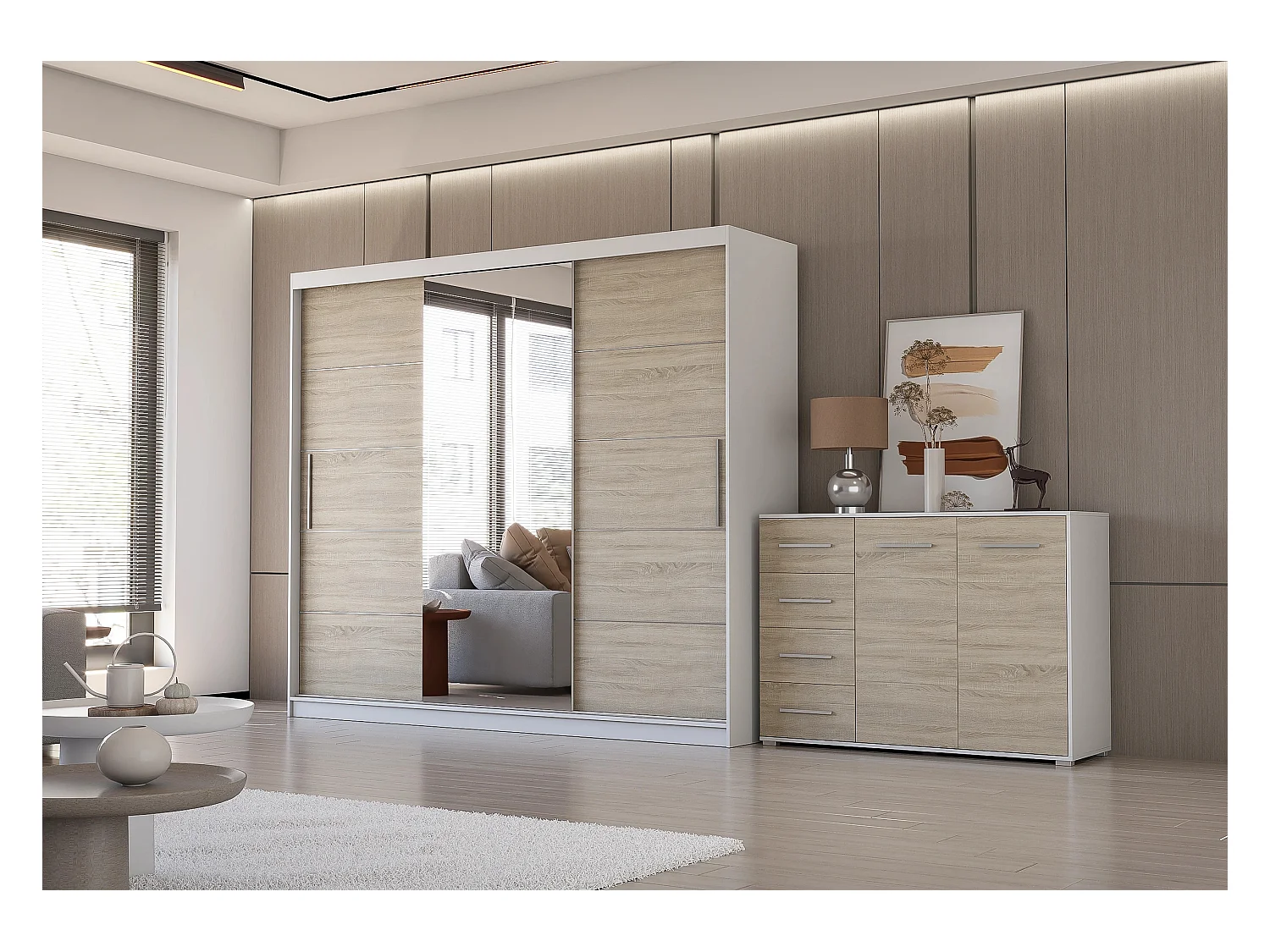 Ensemble armoire Theana et commode Ilario avec miroir - Blanc - Chêne