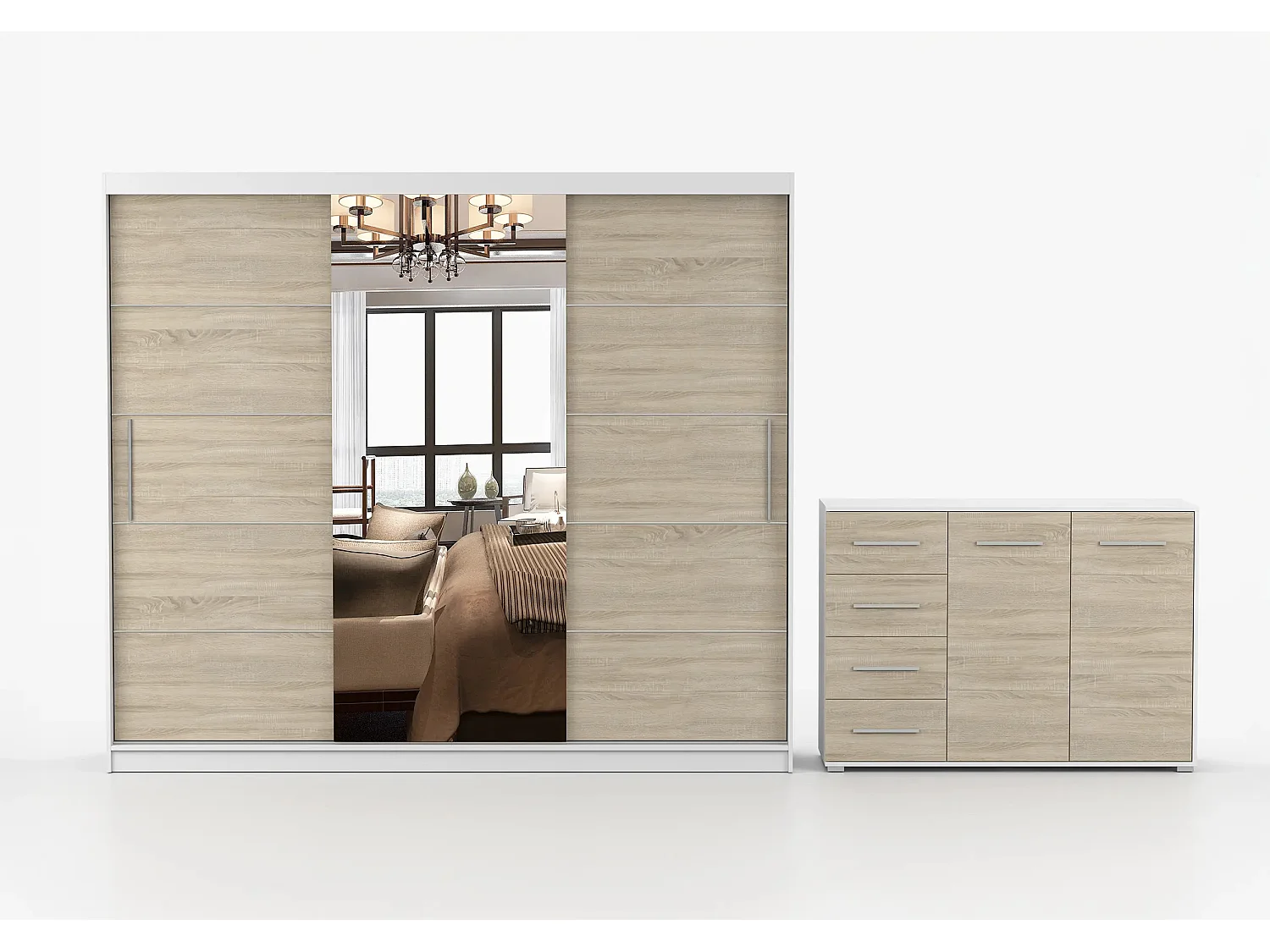 Ensemble armoire Theana et commode Ilario avec miroir - Blanc - Chêne