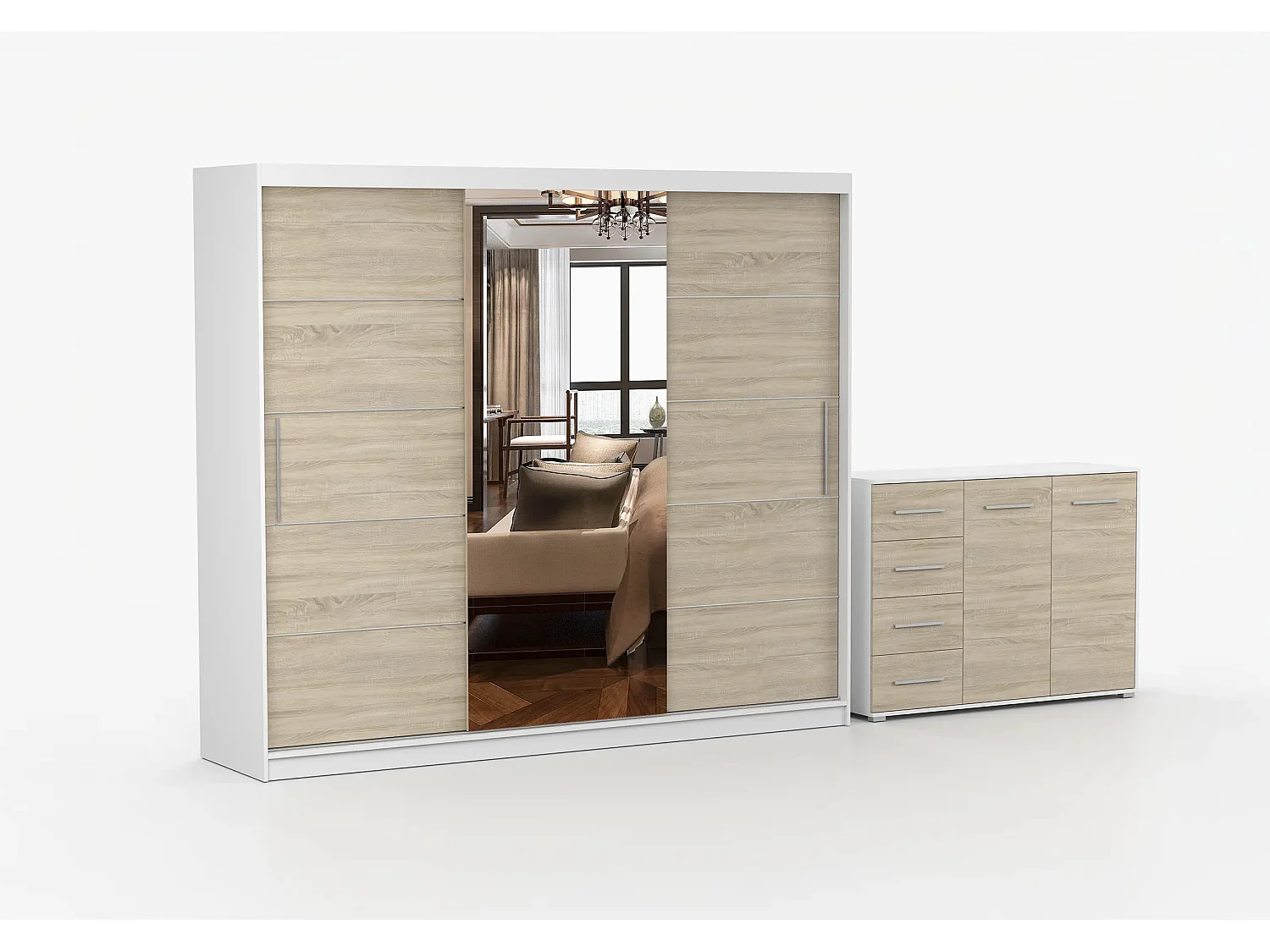 Ensemble armoire Theana et commode Ilario avec miroir - Blanc - Chêne