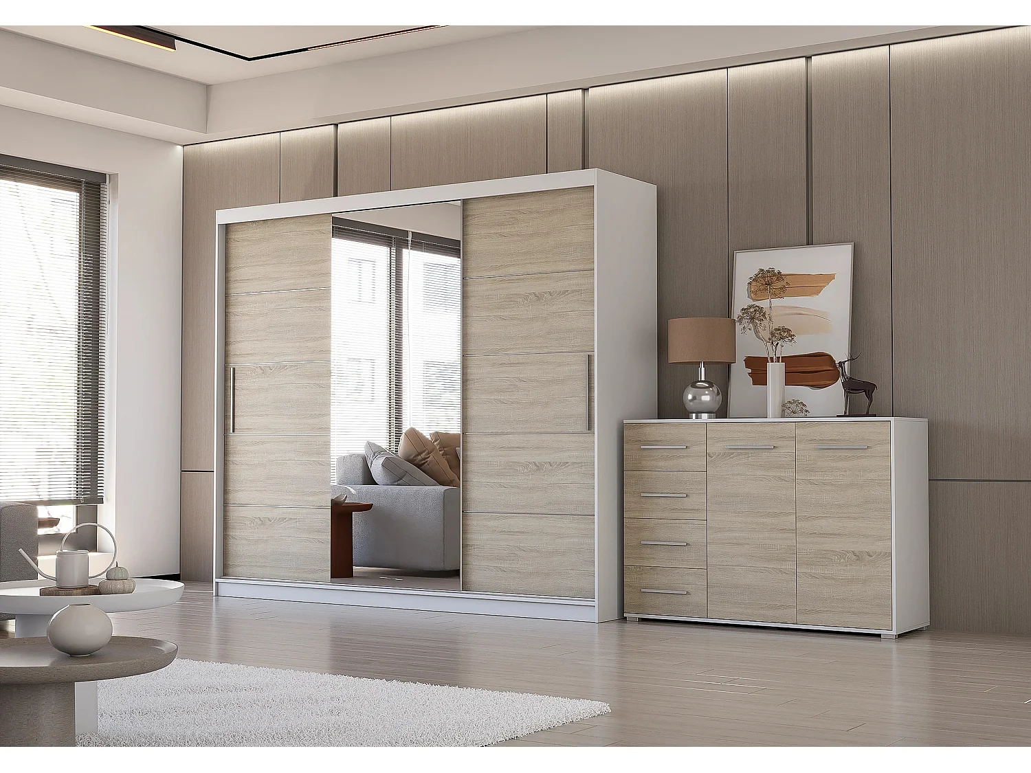 Ensemble armoire Theana et commode Ilario avec miroir - Blanc - Chêne