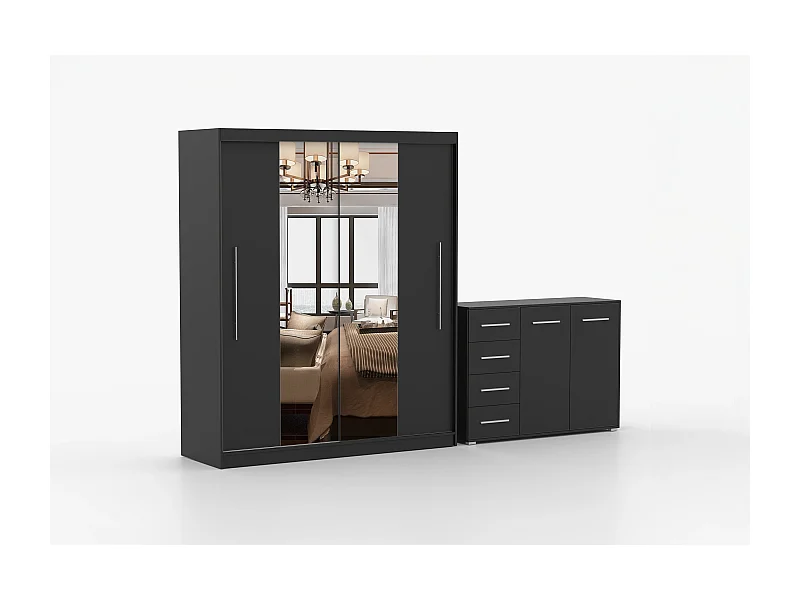 Ensemble armoire Eireen et commode Ilario avec miroir - Noir