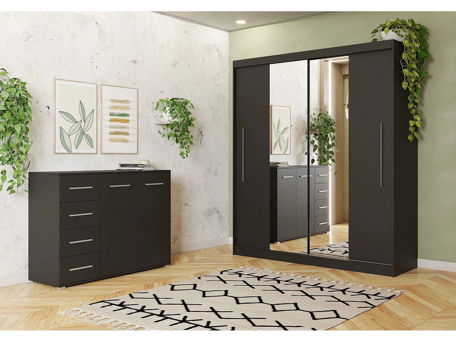 Ensemble armoire Eireen et commode Ilario avec miroir - Noir