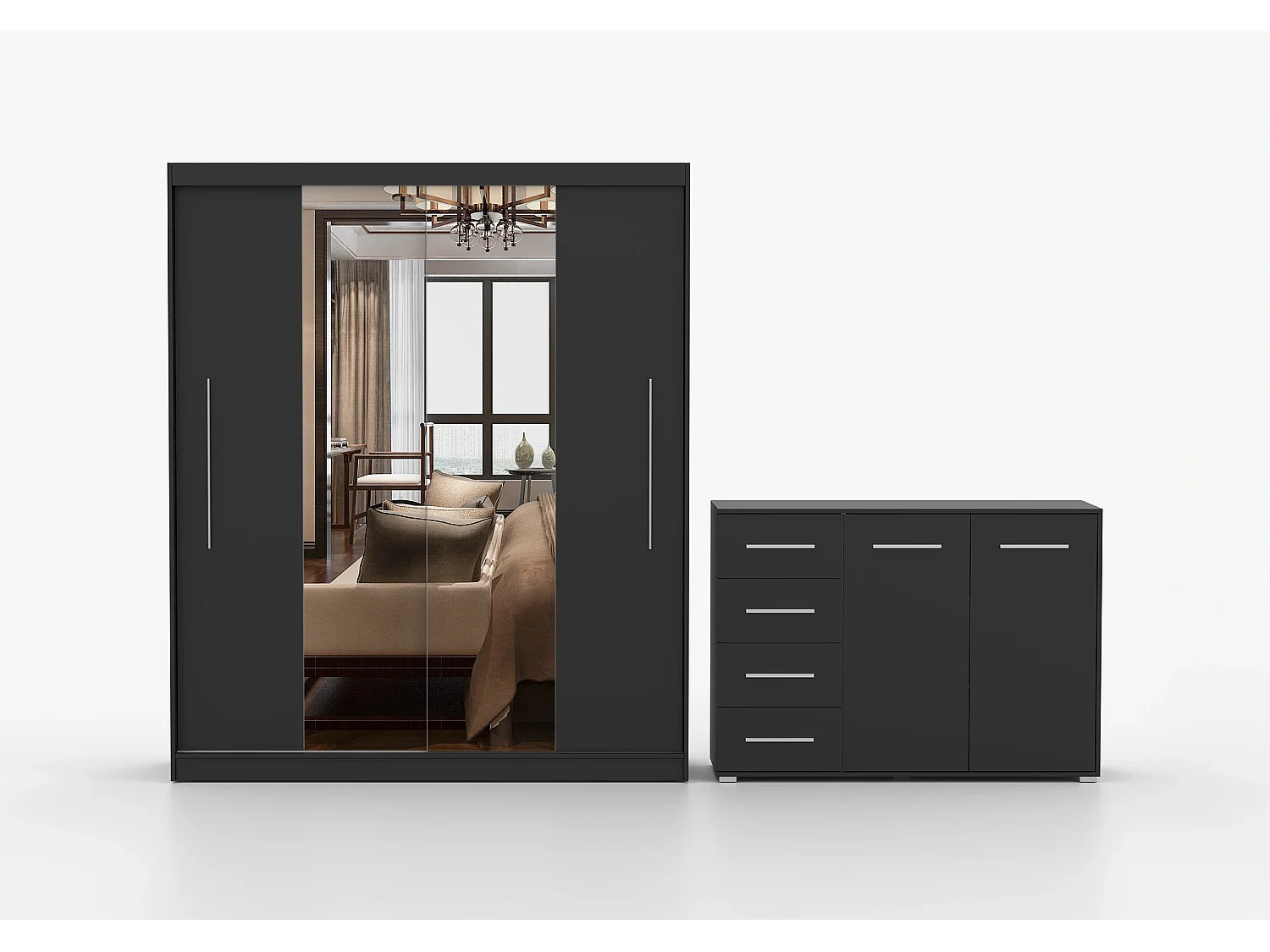 Ensemble armoire Eireen et commode Ilario avec miroir - Noir