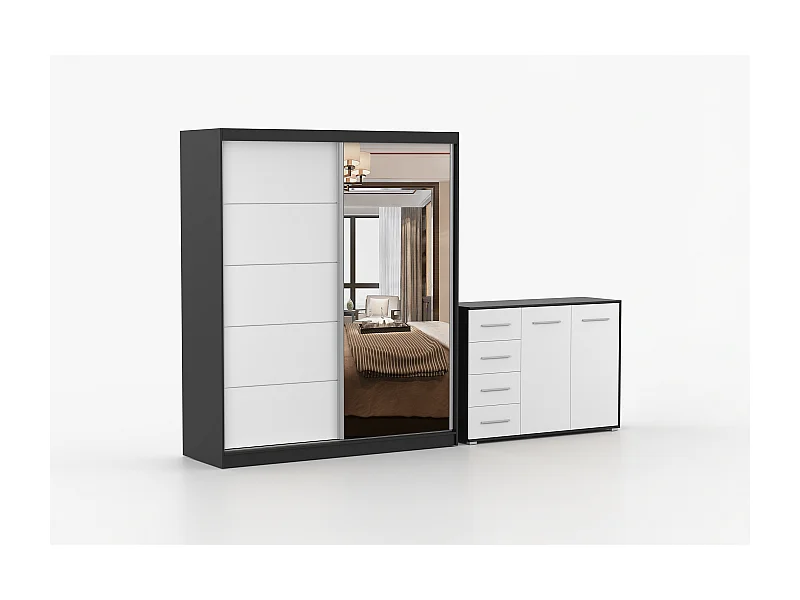 Ensemble armoire Ysalis et commode Ilario avec miroir - Noir - Blanc