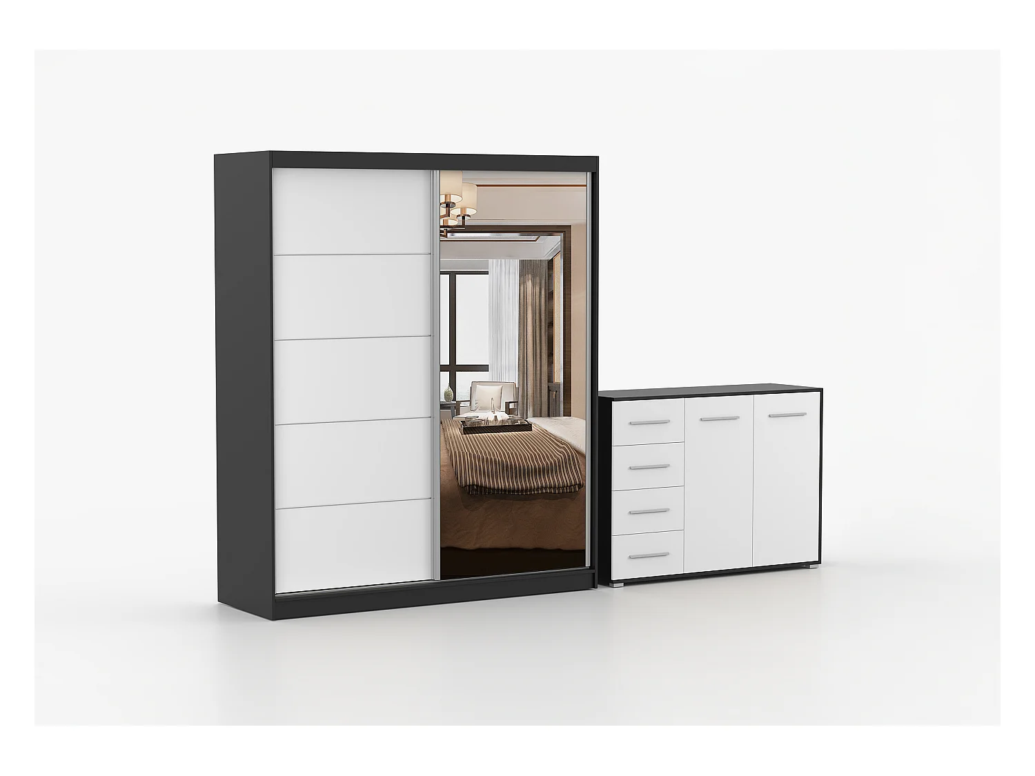 Ensemble armoire Ysalis et commode Ilario avec miroir - Noir - Blanc