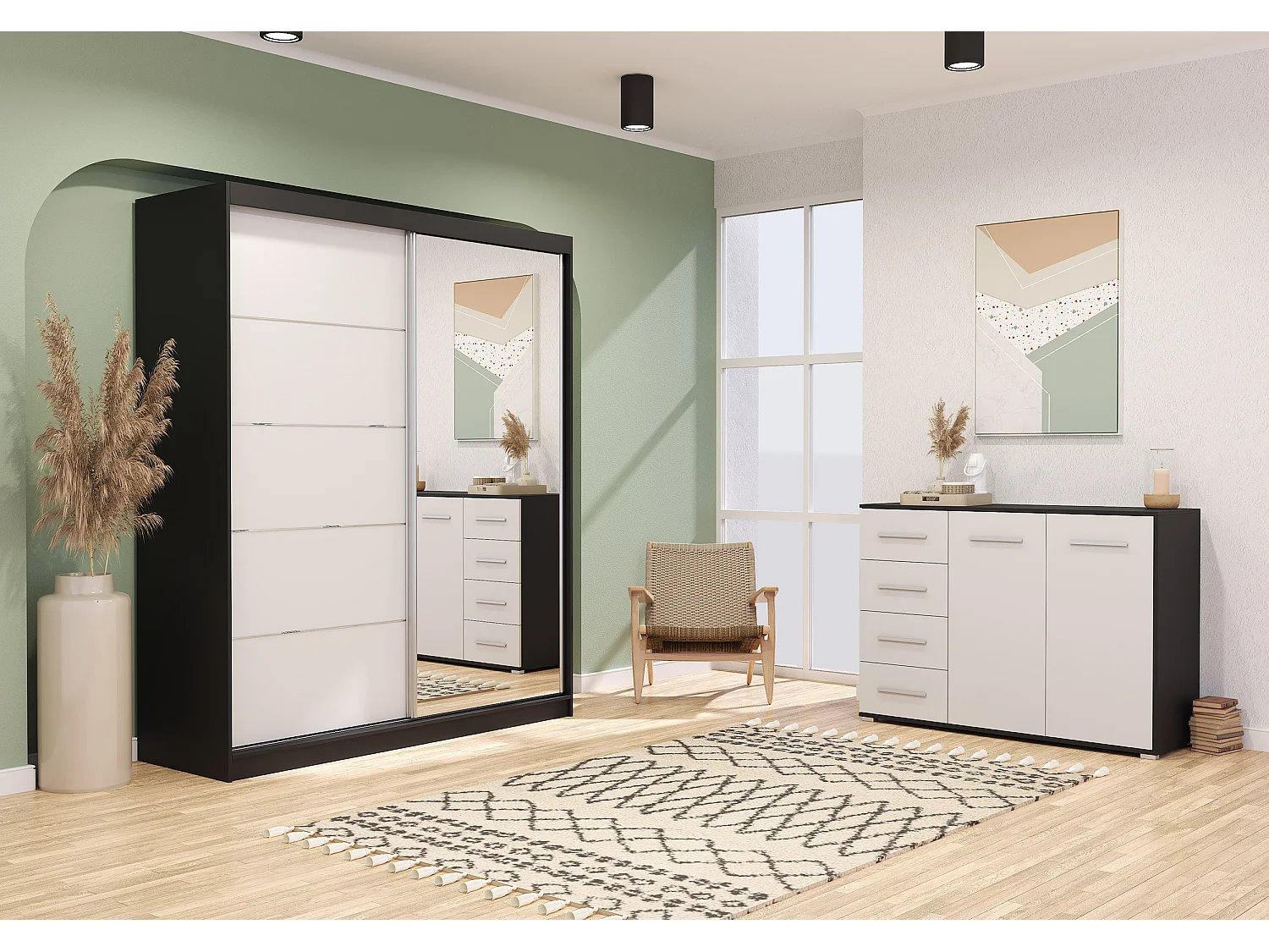 Ensemble armoire Ysalis et commode Ilario avec miroir - Noir - Blanc
