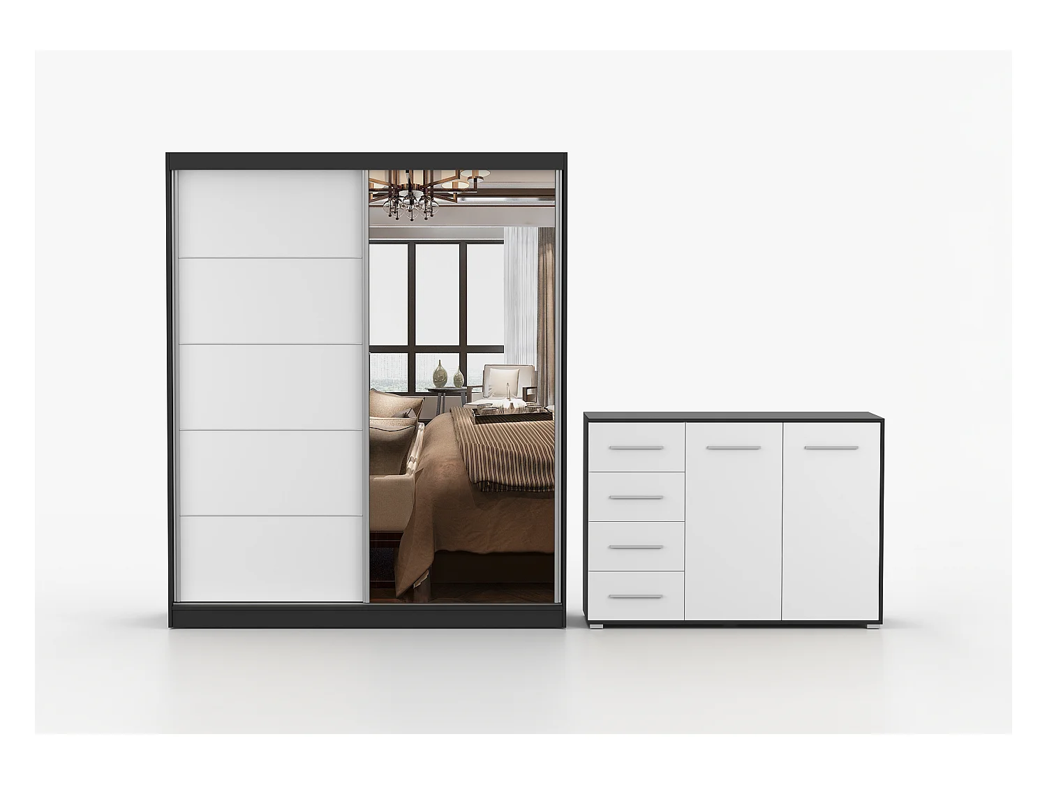 Ensemble armoire Ysalis et commode Ilario avec miroir - Noir - Blanc