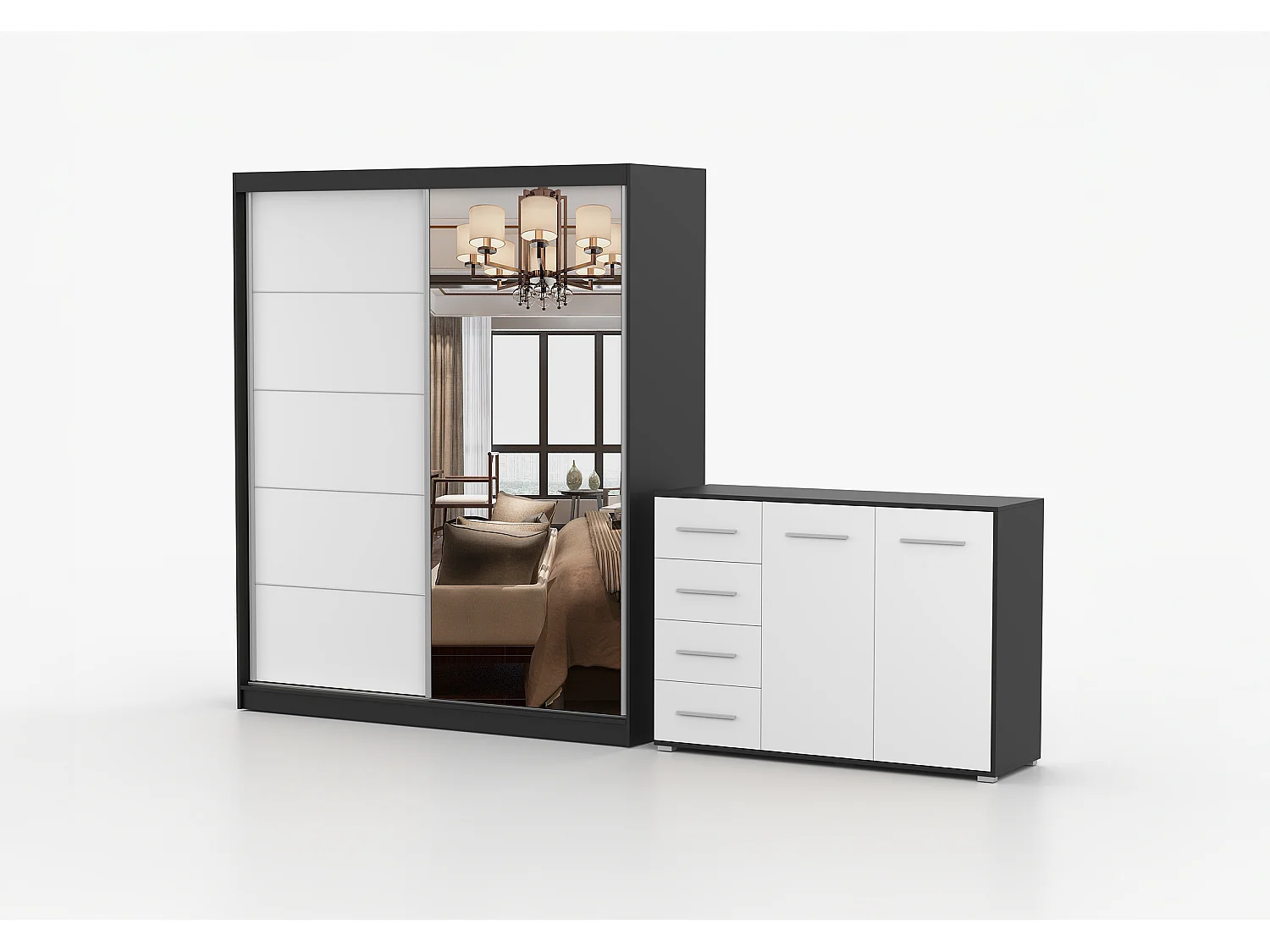 Ensemble armoire Ysalis et commode Ilario avec miroir - Noir - Blanc